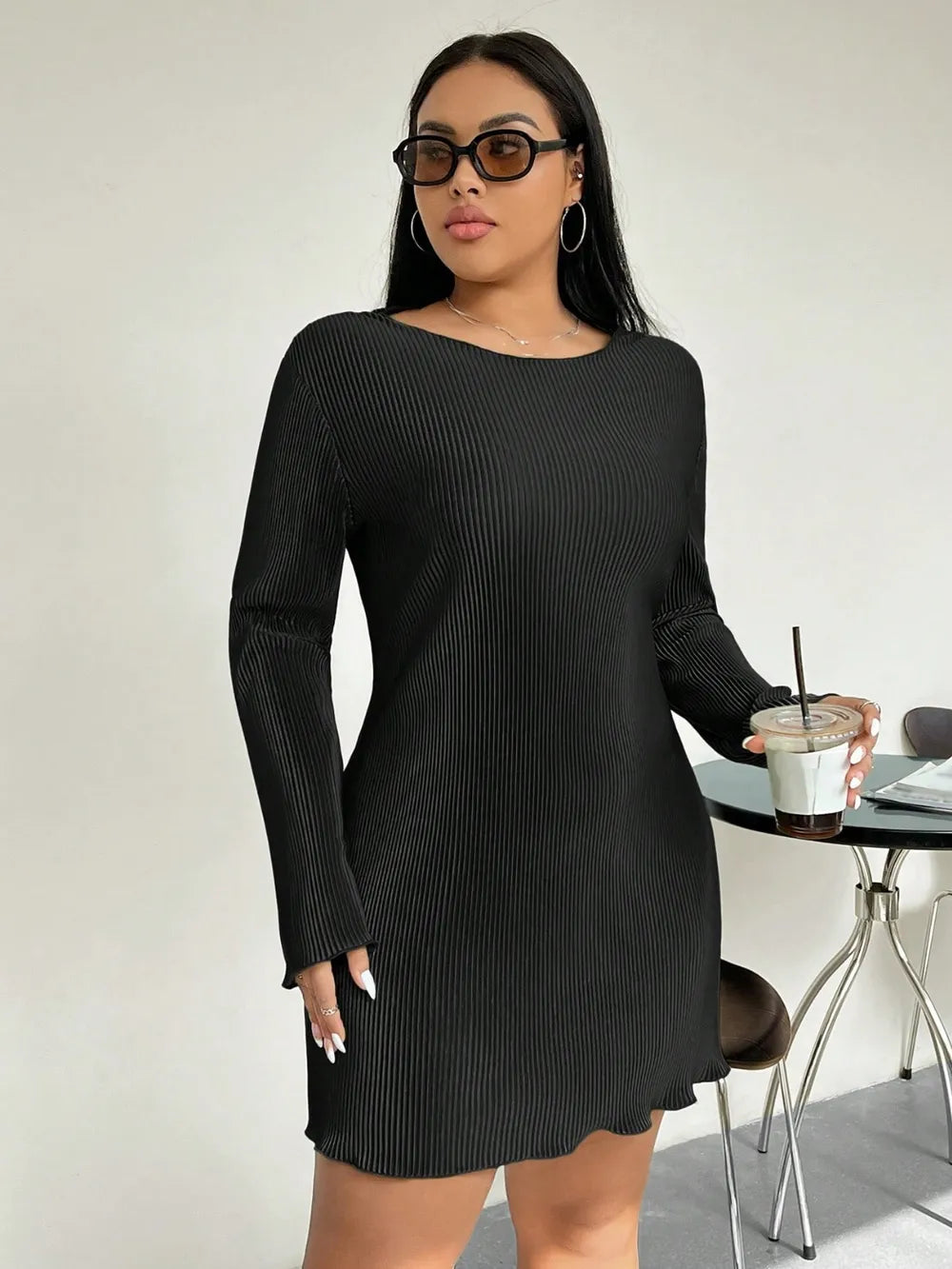 Honey Plus Size Lettuce Hem Round Neck Long Sleeve Dress - LoveNest Treasures