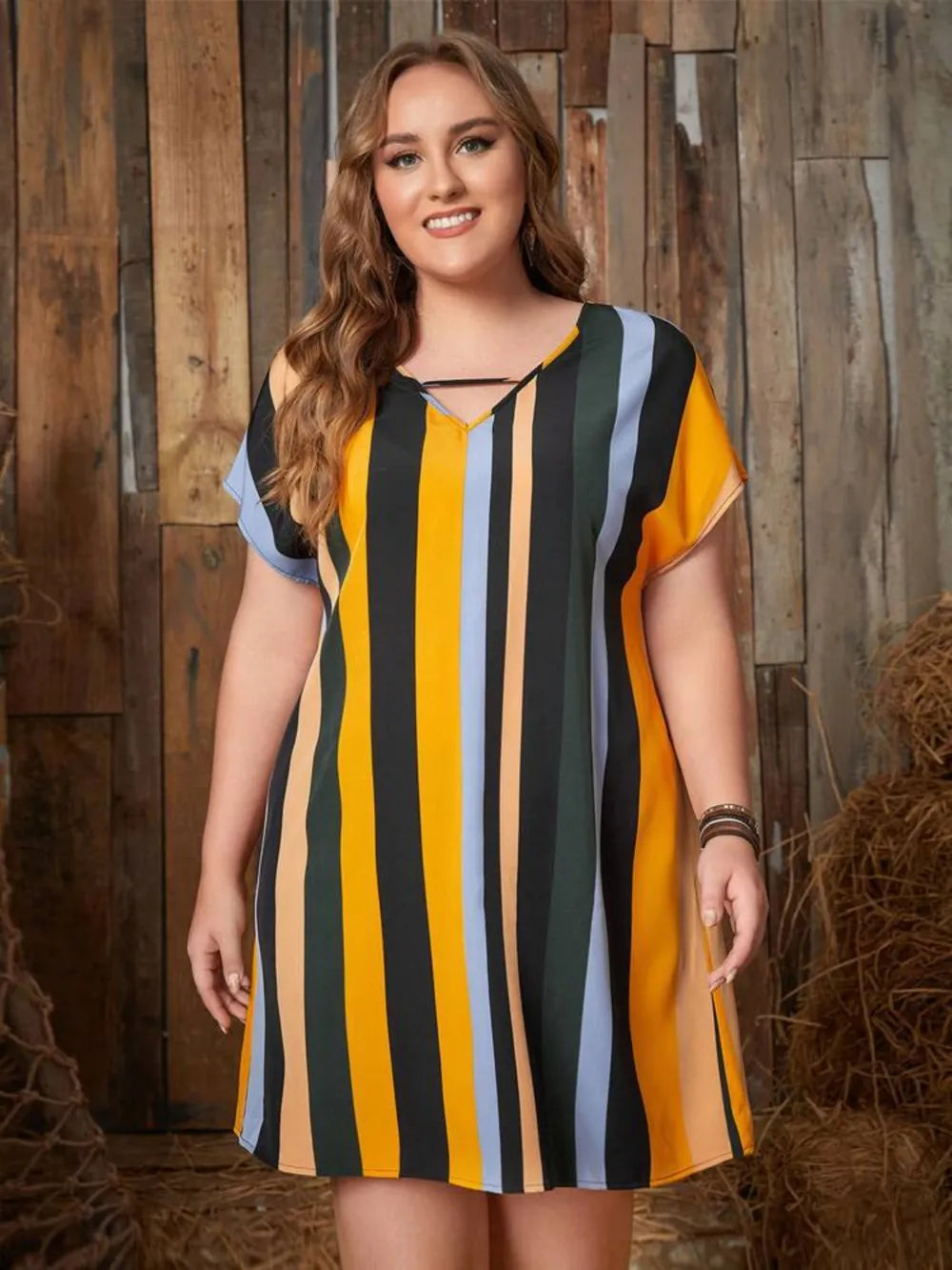 Plus Size Striped Short Sleeve Mini Dress - LoveNest Treasures