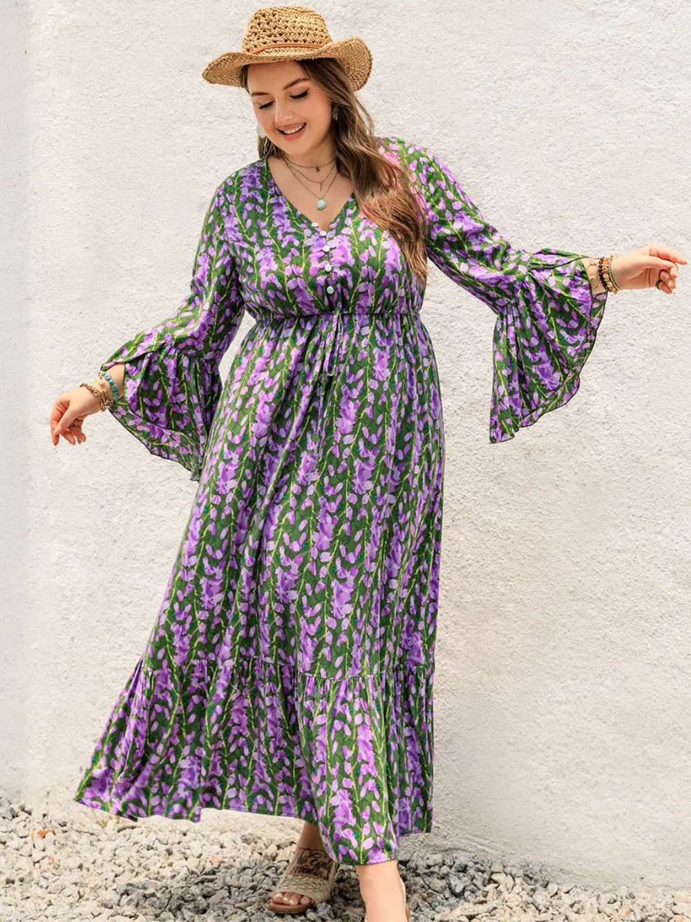 Plus Size Printed V-Neck Long Sleeve Maxi Dress - LoveNest Treasures