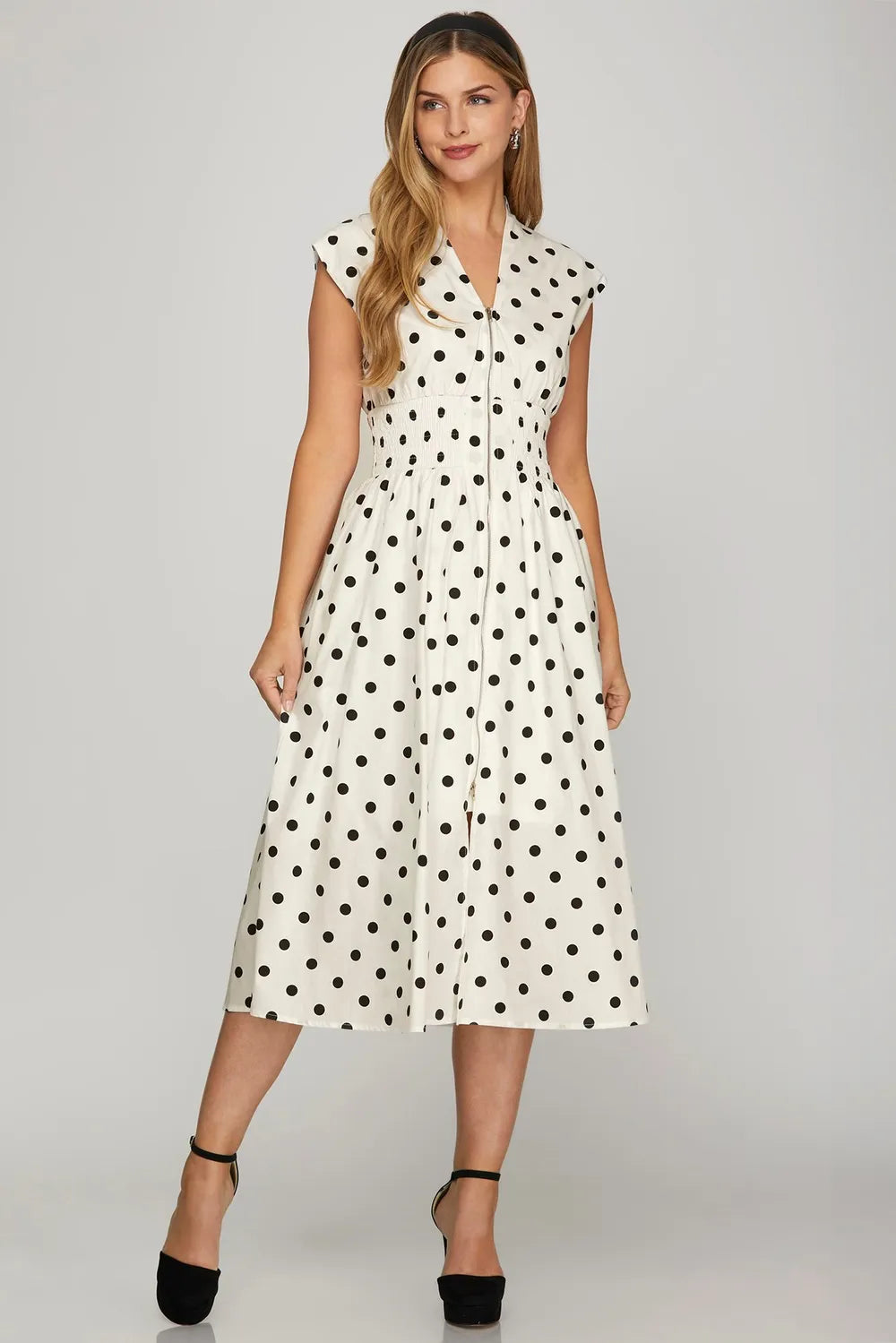 She + Sky Front Zip Polka Dots Cap Sleeve Midi Dress - LoveNest Treasures