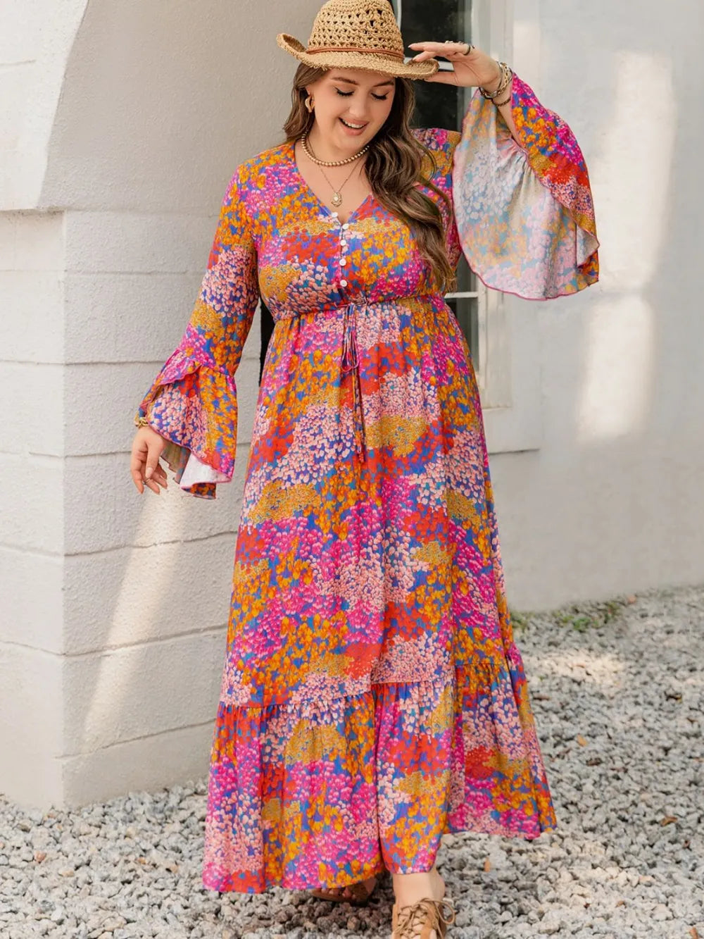 Plus Size Printed V-Neck Long Sleeve Maxi Dress - LoveNest Treasures