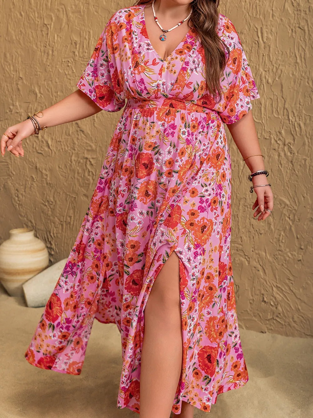 Plus Size Slit Floral V-Neck Half Sleeve Maxi Dress - LoveNest Treasures