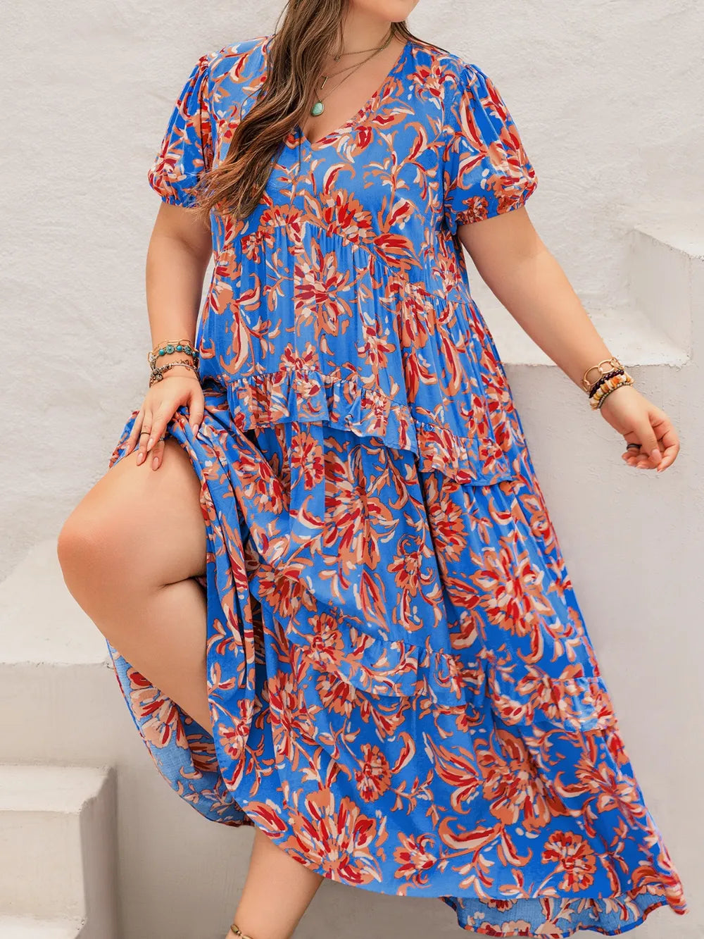 Plus Size Ruffled Printed V-Neck Short Sleeve Maxi Dress - LoveNest Treasures