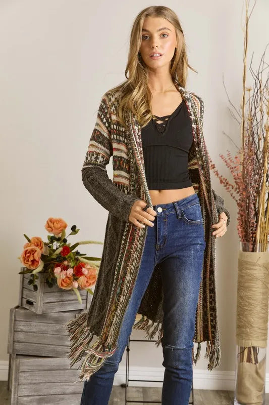 ADORA Full Size Fringe Hem Aztec Cardigan Plus Size - LoveNest Treasures