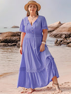 Plus Size Lace Detail Tie Neck Short Sleeve Maxi Dress - LoveNest Treasures