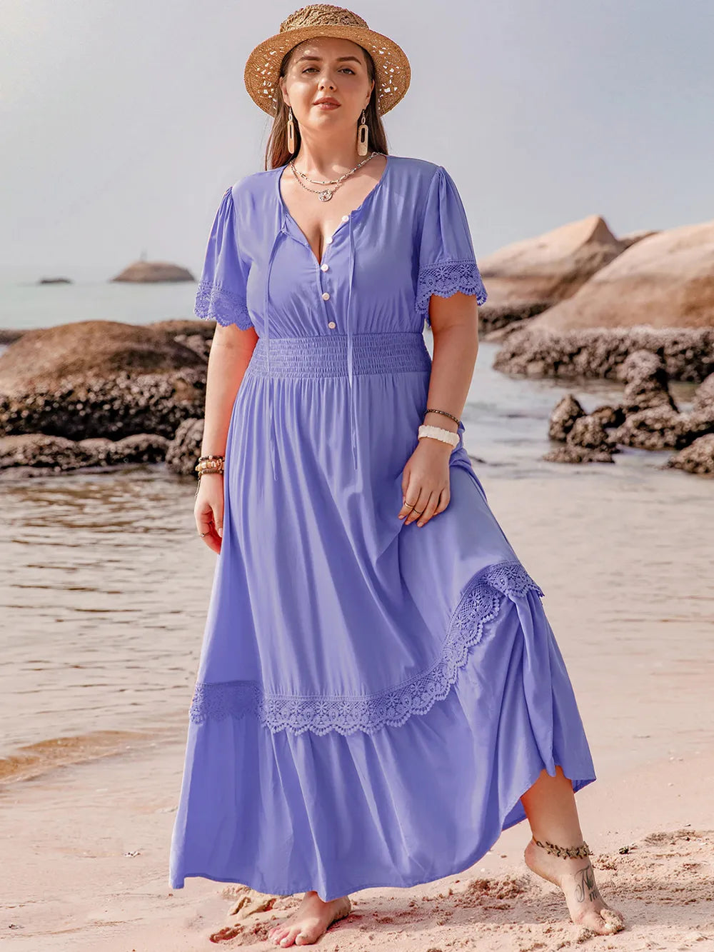 Plus Size Lace Detail Tie Neck Short Sleeve Maxi Dress - LoveNest Treasures