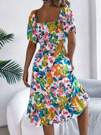 Ruffled Hem Smocked Floral Short Sleeve Midi Dress - LoveNest Treasures