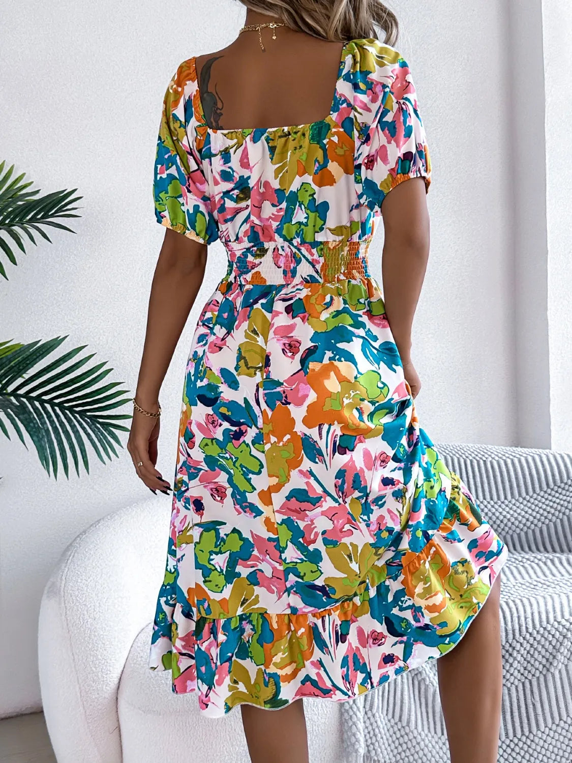 Ruffled Hem Smocked Floral Short Sleeve Midi Dress - LoveNest Treasures