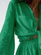 Full Size Button Up Balloon Sleeve Top and Shorts Set Plus Size - LoveNest Treasures