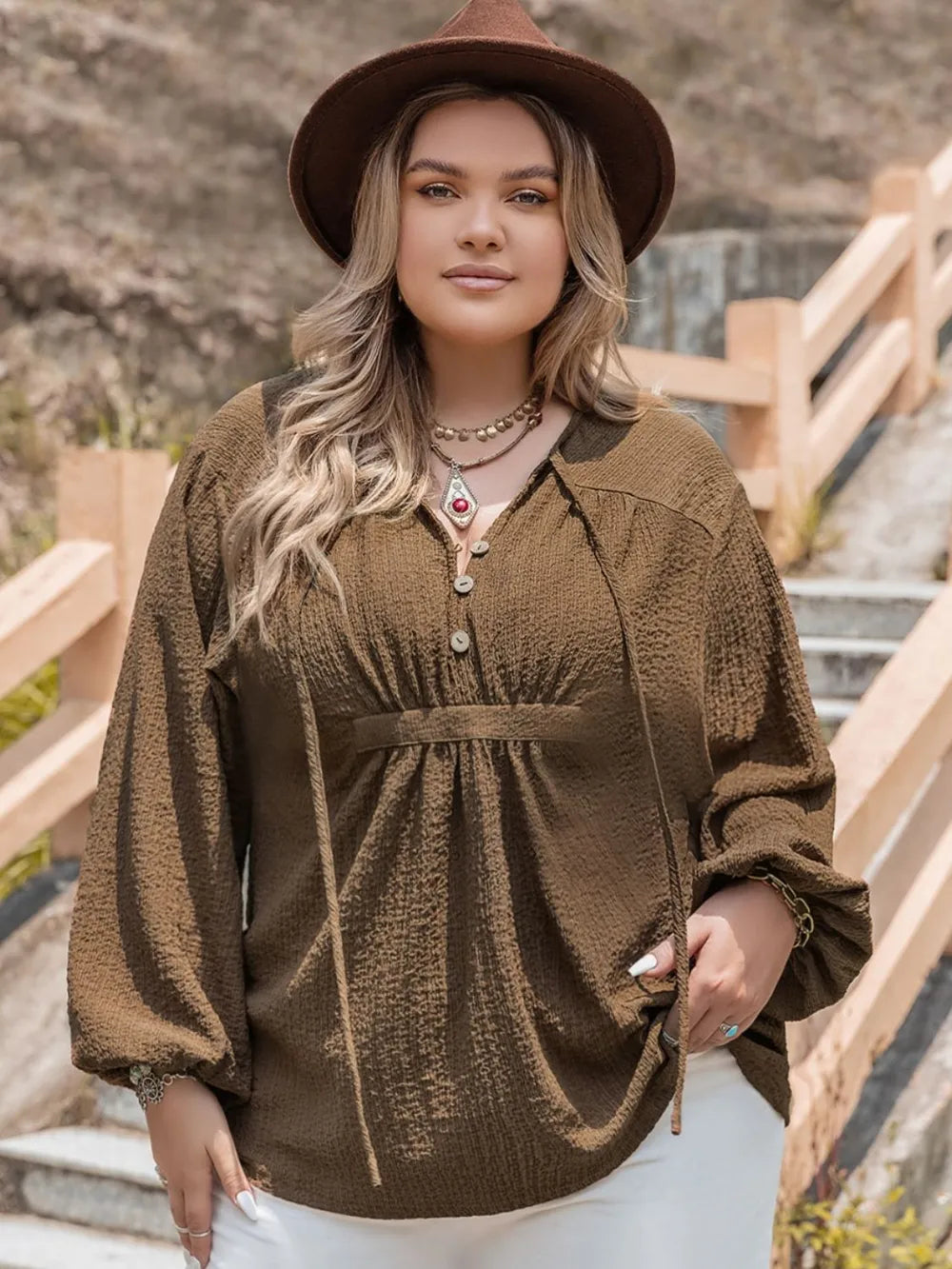 Plus Size Tie Neck Long Sleeve Blouse - LoveNest Treasures