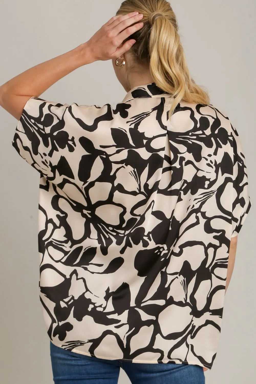 Umgee Full Size Two Tone Print Button Down Top with Hidden Plackets Plus Size - LoveNest Treasures
