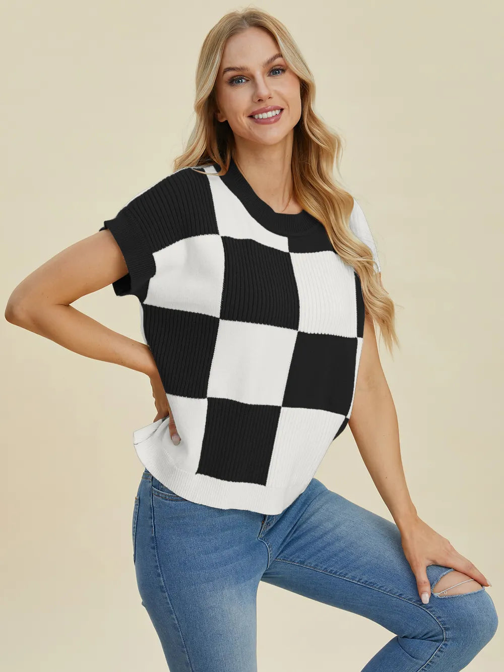 Double Take Full Size Checkered Round Neck Short Sleeve Sweater - LoveNest Treasures