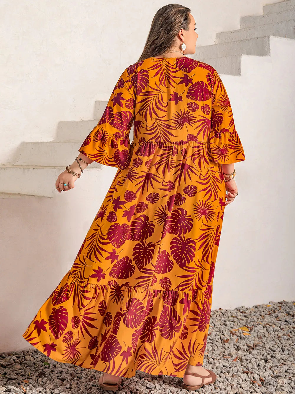 Plus Size Lace Detail Printed V-Neck Maxi Dress - LoveNest Treasures