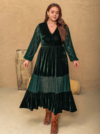 Plus Size Lace Patchwork V-Neck Balloon Sleeve Midi Dress - LoveNest Treasures