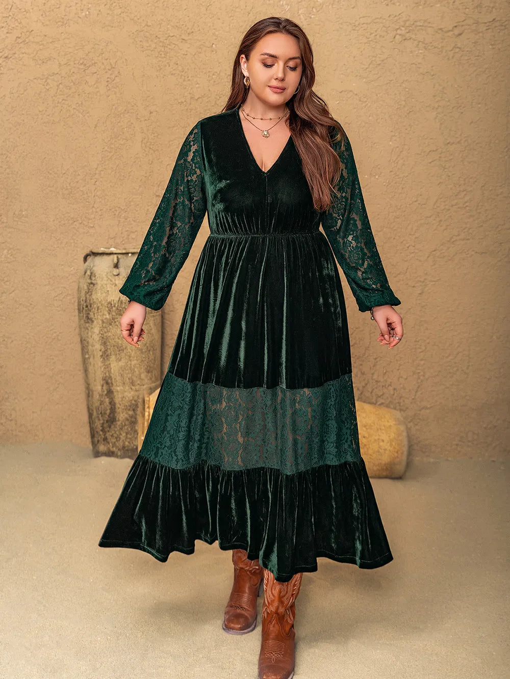 Plus Size Lace Patchwork V-Neck Balloon Sleeve Midi Dress - LoveNest Treasures