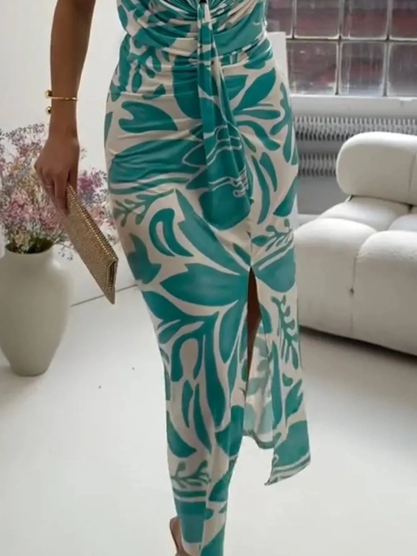 Full Size Slit Printed V-Neck Midi Dress Plus Size - LoveNest Treasures