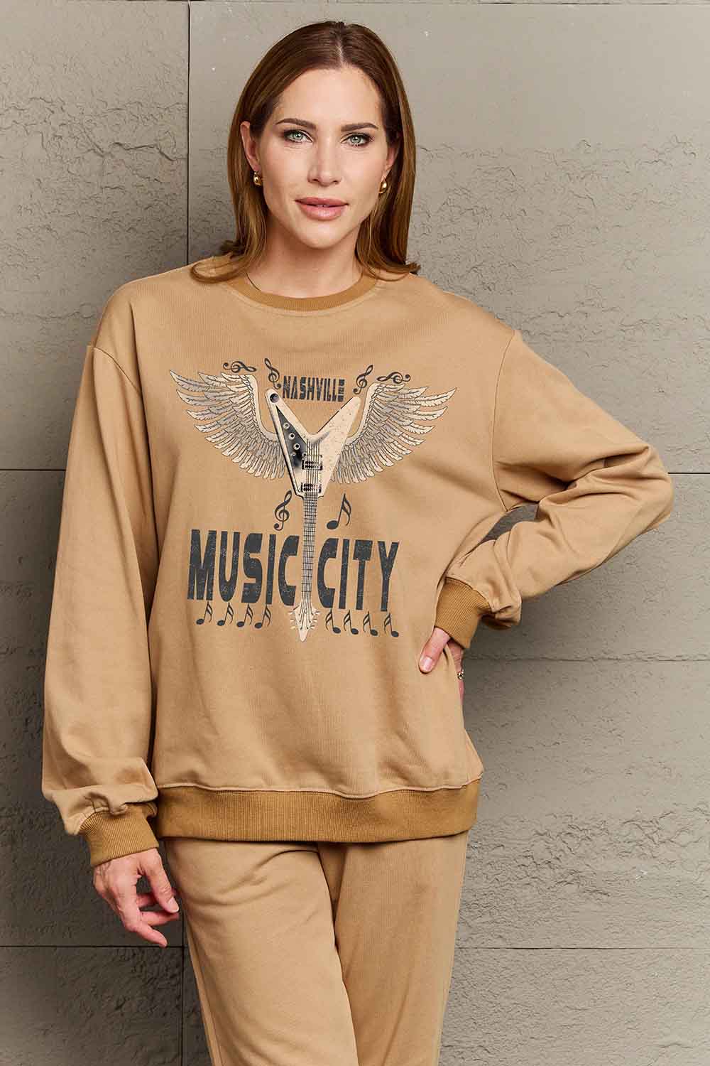 Simply Love Simply Love Full Size Round Neck Dropped Shoulder MUSIC CITY Graphic Sweatshirt - LoveNest Treasures