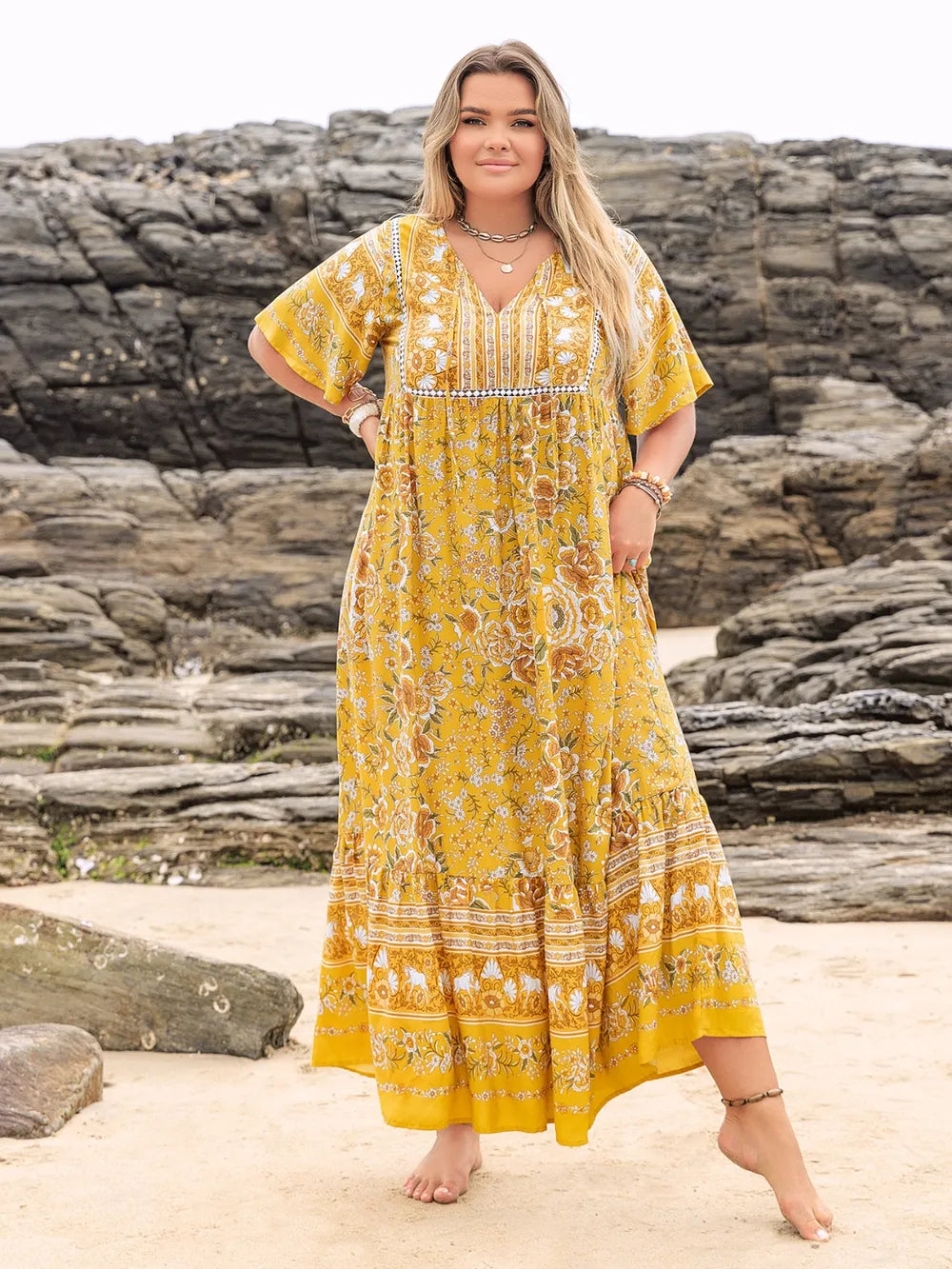 Plus Size Floral Tie Neck Flutter Sleeve Maxi Dress - LoveNest Treasures