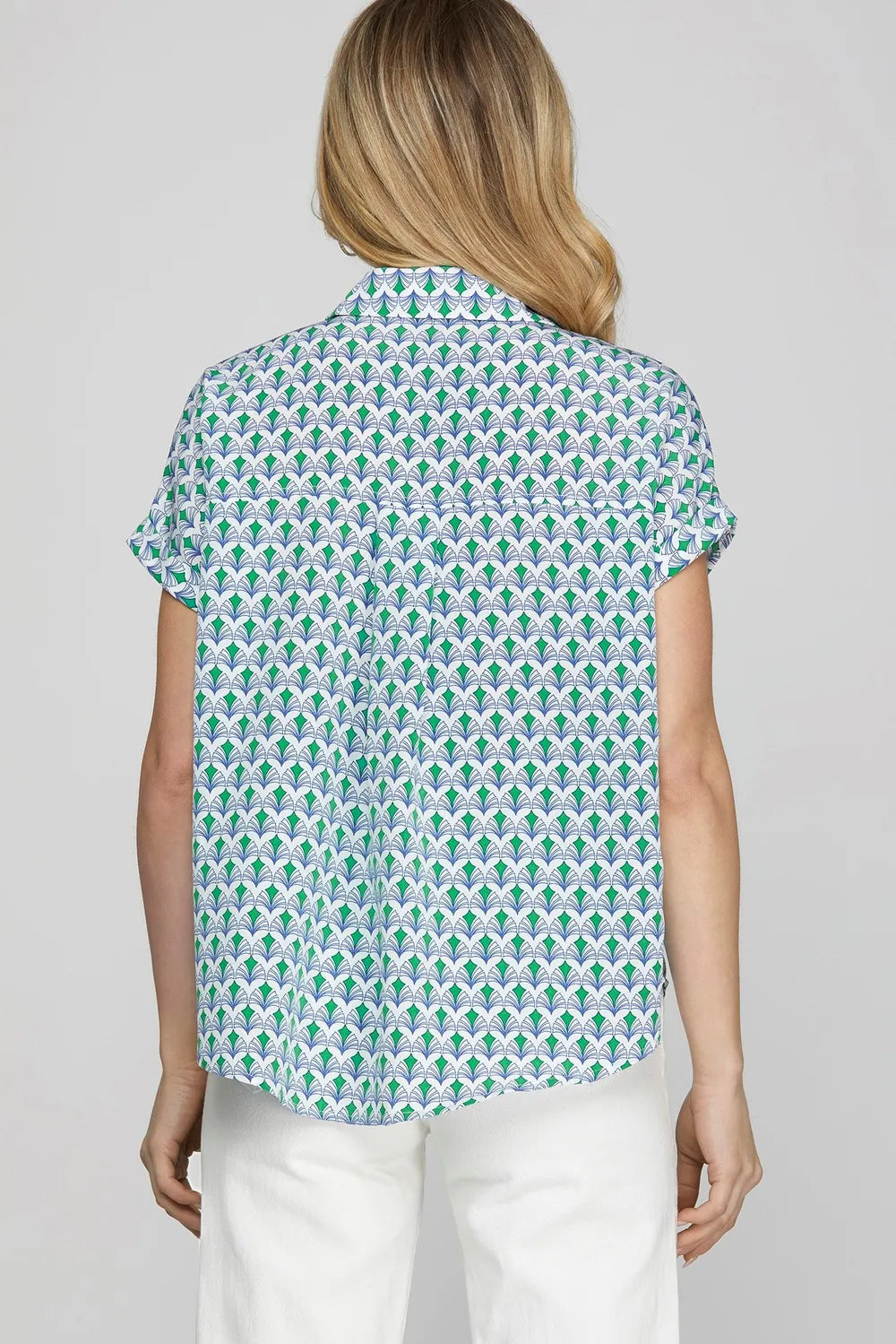 She + Sky Full Size Printed Johnny Collar Short Sleeve Blouse Plus Size - LoveNest Treasures