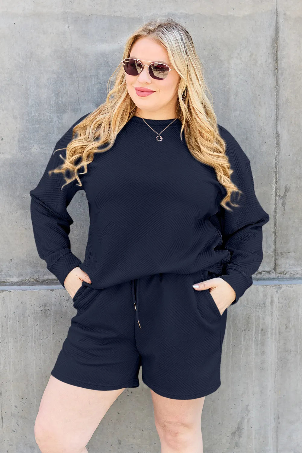Double Take Full Size Texture Long Sleeve Top and Drawstring Shorts Set - LoveNest Treasures