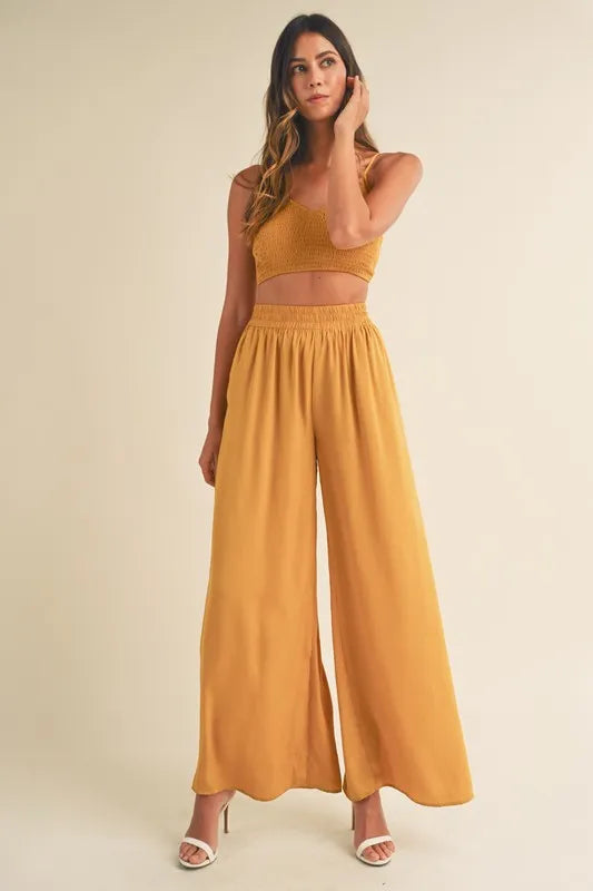 MABLE Smocked Bralette Crop Top and Wide Leg Pants Set - LoveNest Treasures