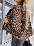 Raw Hem Leopard Collared Neck Denim Jacket - LoveNest Treasures