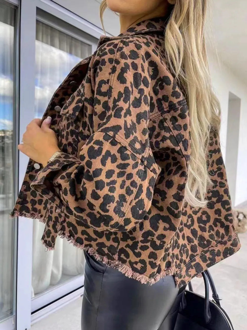 Raw Hem Leopard Collared Neck Denim Jacket - LoveNest Treasures