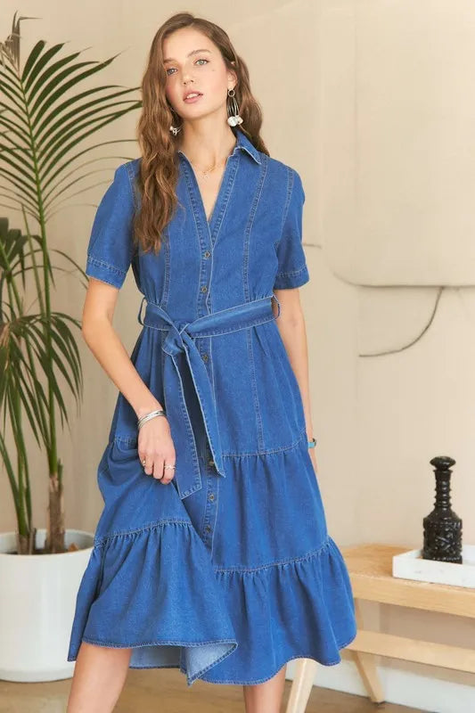 ADORA Tiered Button Down Tie Waist Short Sleeve Denim Dress - LoveNest Treasures