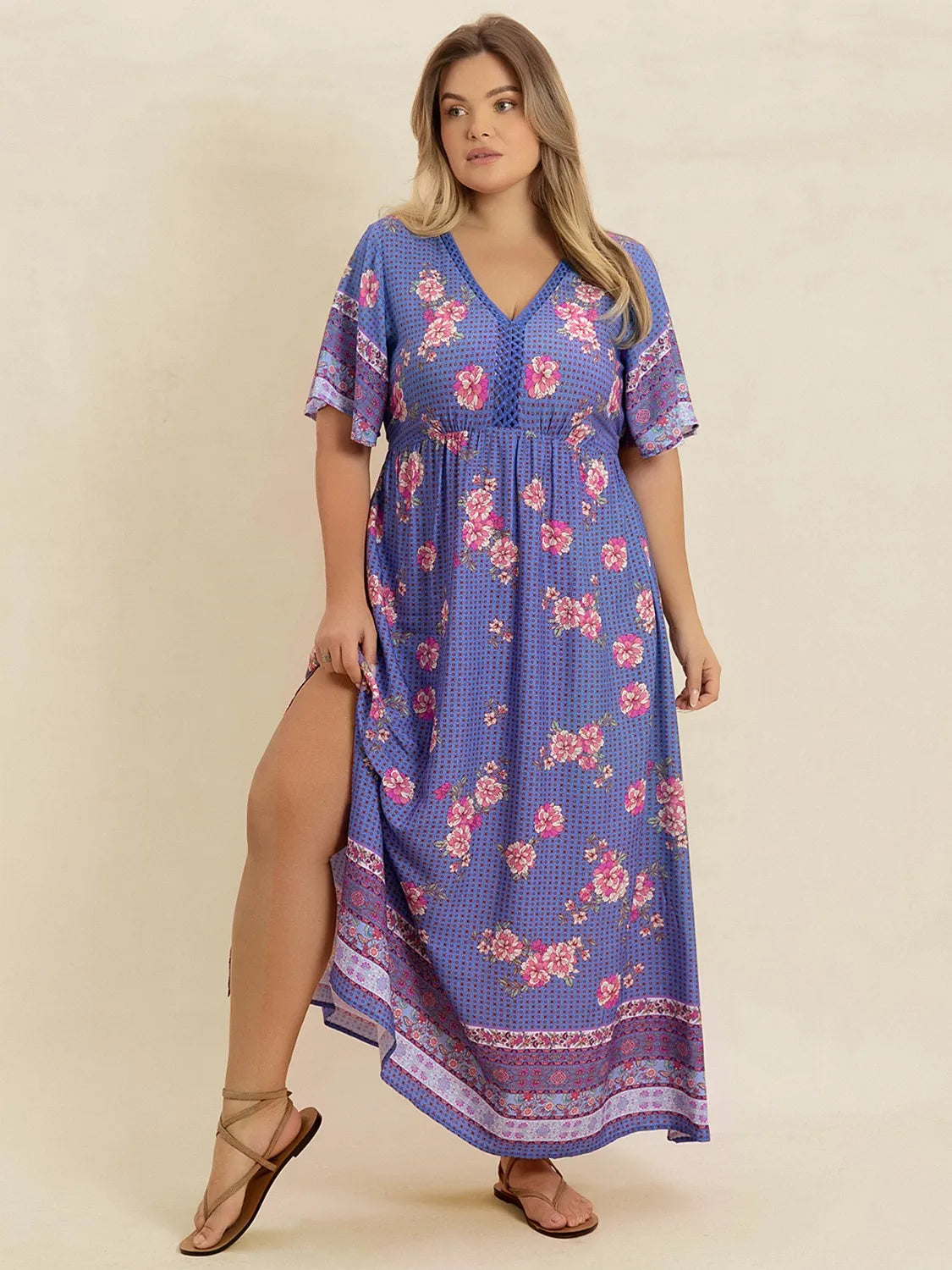 Plus Size Printed V-Neck Flutter Sleeve Dress - LoveNest Treasures