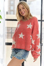 ADORA Full Size Star Contrast Round Neck Sweater Plus Size - LoveNest Treasures