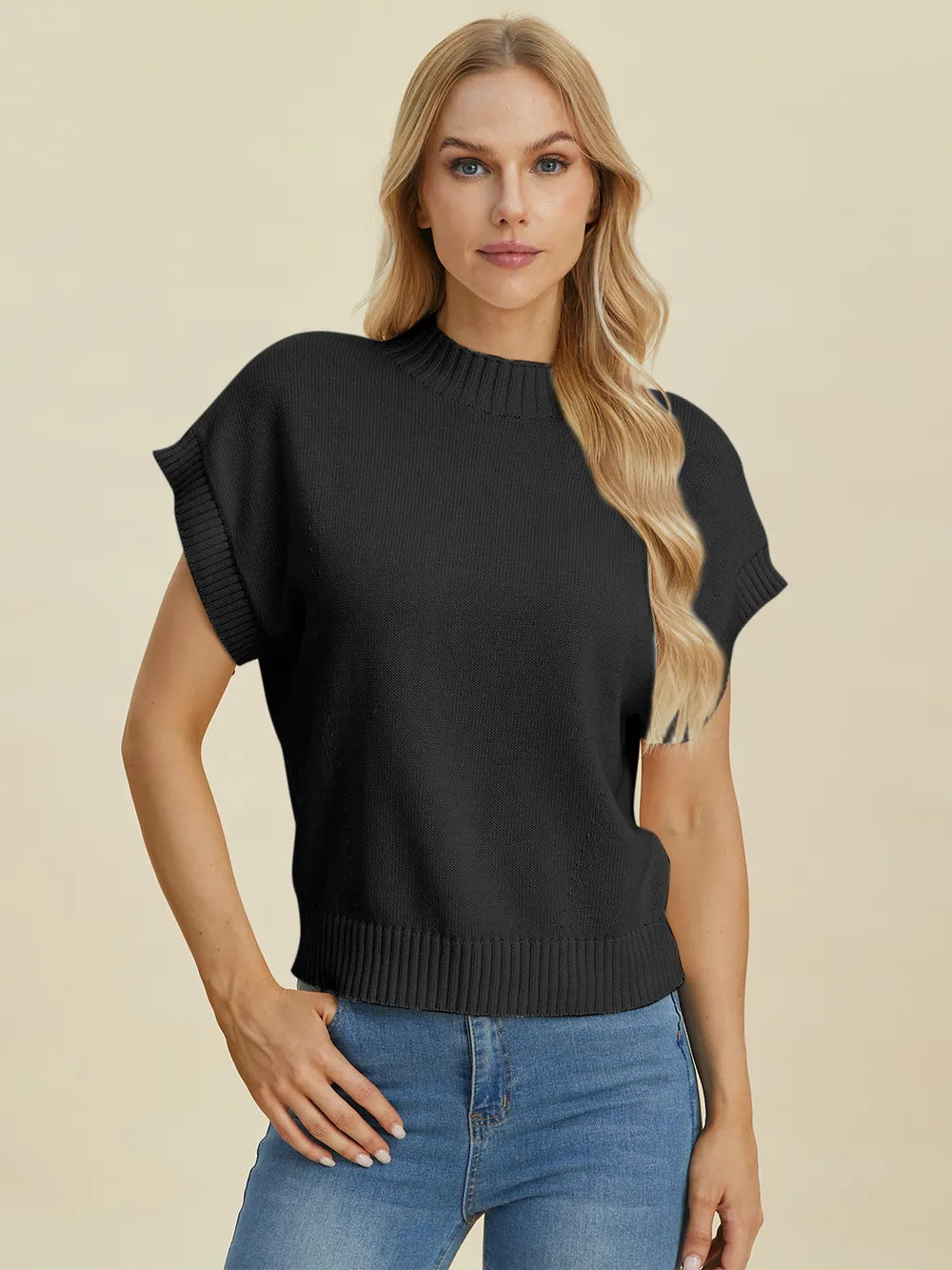 Double Take Full Size Mock Neck Short Sleeve Sweater - LoveNest Treasures
