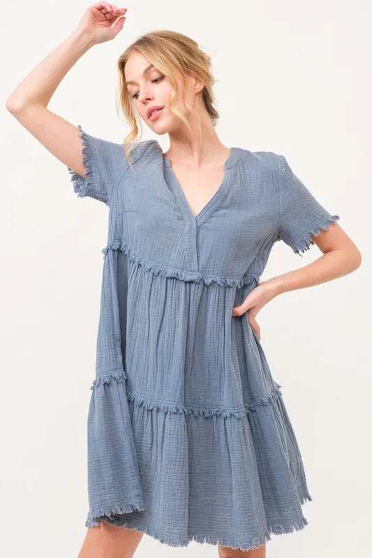 And The Why Washed Frayed Detail Tiered Dress - LoveNest Treasures