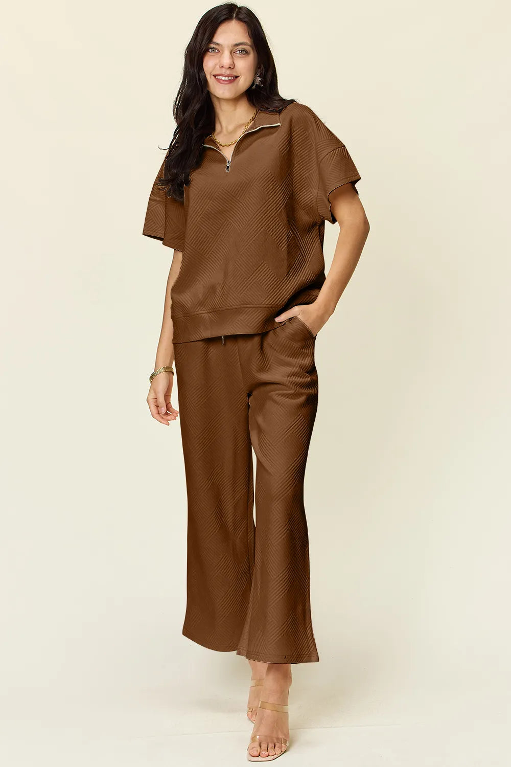 Double Take Full Size Texture Half Zip Short Sleeve Top and Pants Set - LoveNest Treasures