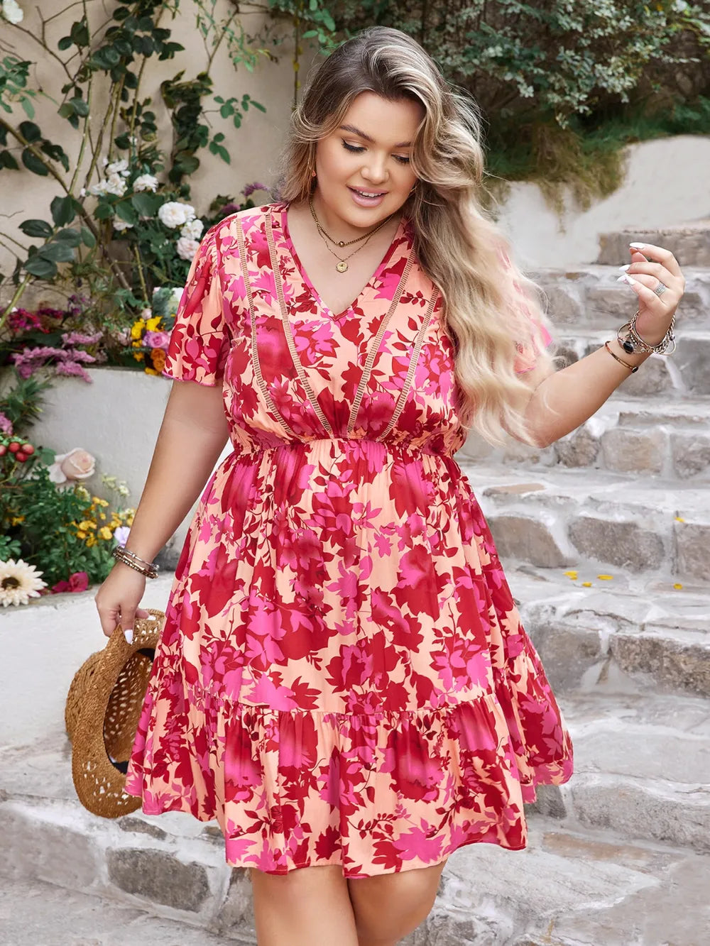 Plus Size Printed V-Neck Flutter Sleeve Dress - LoveNest Treasures
