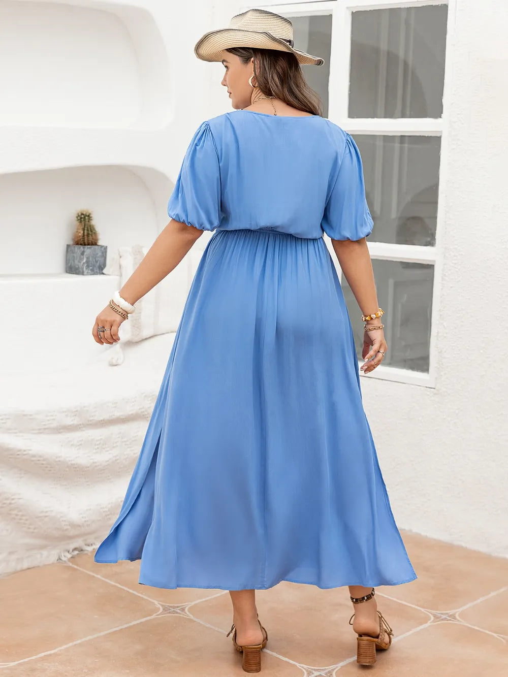 Plus Size Slit V-Neck Short Sleeve Dress - LoveNest Treasures