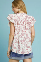 Umgee Full Size Two Tone Boxy Cut Floral Print Blouse Plus Size - LoveNest Treasures