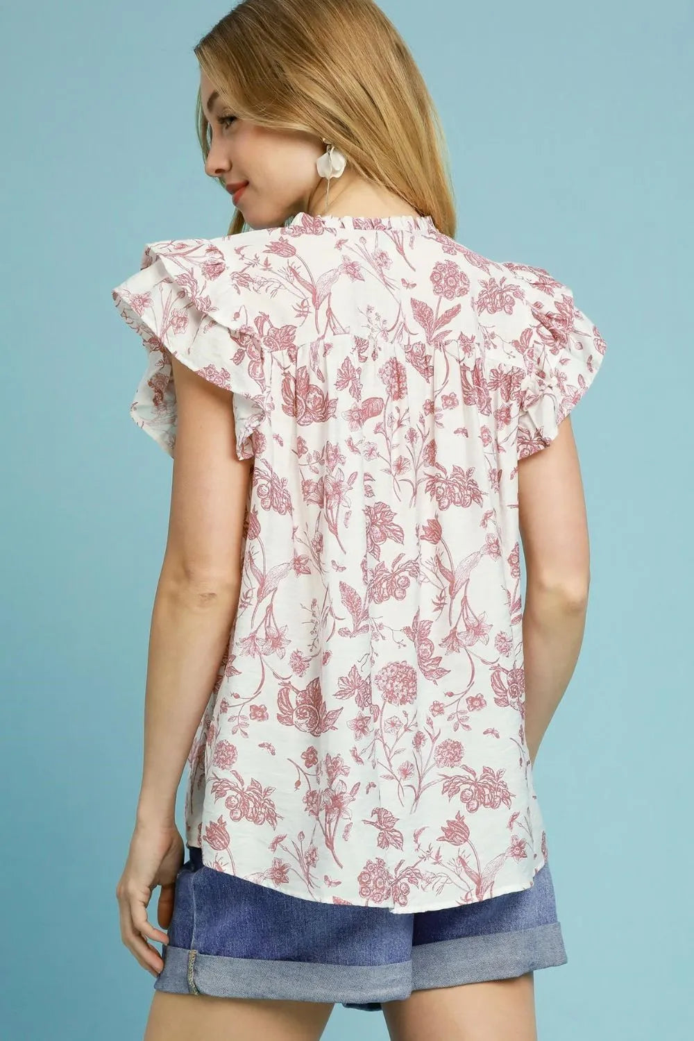 Umgee Full Size Two Tone Boxy Cut Floral Print Blouse Plus Size - LoveNest Treasures