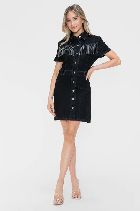 Full Size Embellished Button Down Short Sleeve Denim Dress - LoveNest Treasures