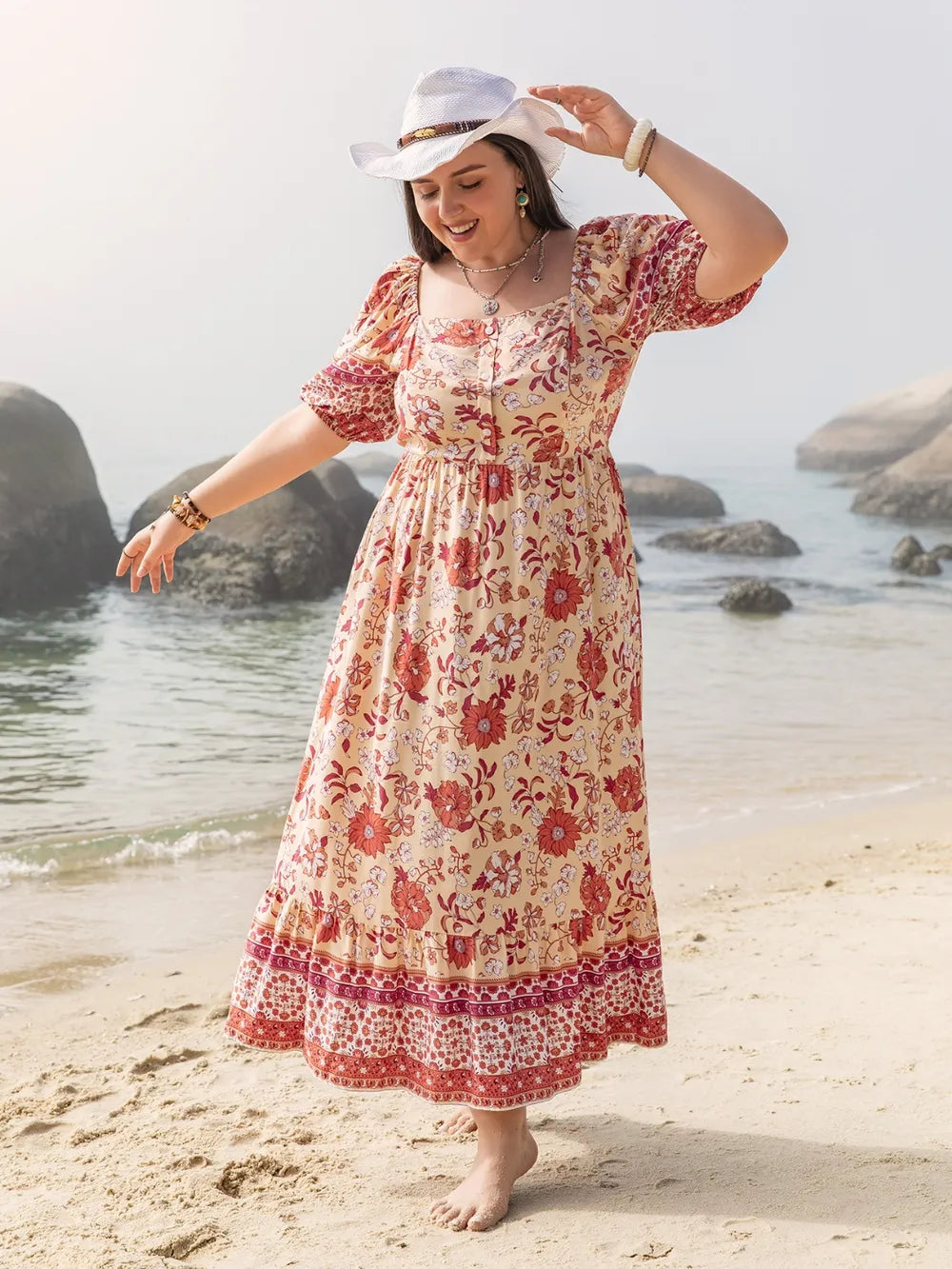 Plus Size Printed Square Neck Ruffle Hem Dress - LoveNest Treasures