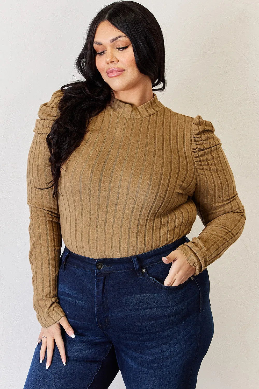 Basic Bae Full Size Ribbed Mock Neck Puff Sleeve T-Shirt - LoveNest Treasures