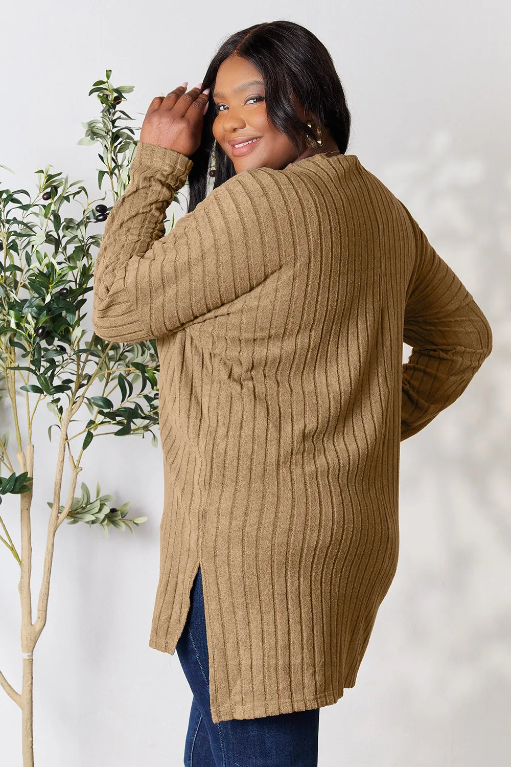 Basic Bae Full Size Ribbed Round Neck Long Sleeve Slit Top - LoveNest Treasures