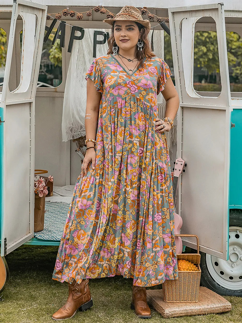 Plus Size Ruffled Printed Cap Sleeve Dress - LoveNest Treasures