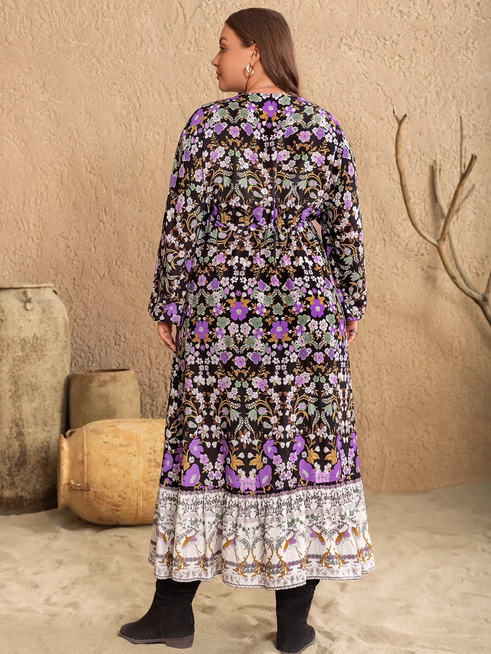 Plus Size V-Neck Balloon Sleeve Printed Midi Dress - LoveNest Treasures
