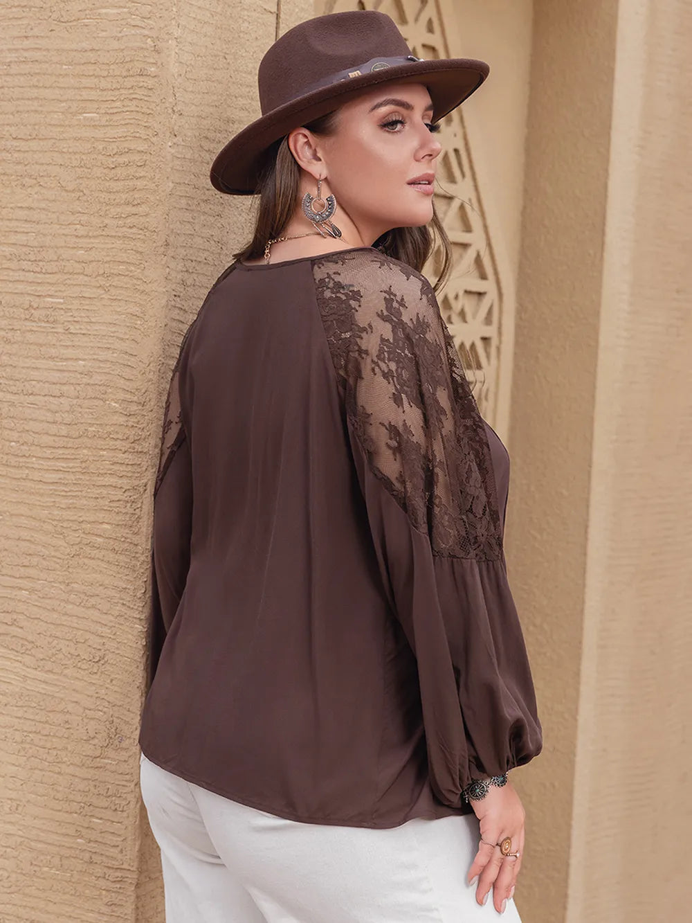 Plus Size Lace Detail Tie Neck Long Sleeve Blouse - LoveNest Treasures