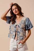 SO ME Crochet Lace Tie Front V Neck Blouse Top - LoveNest Treasures
