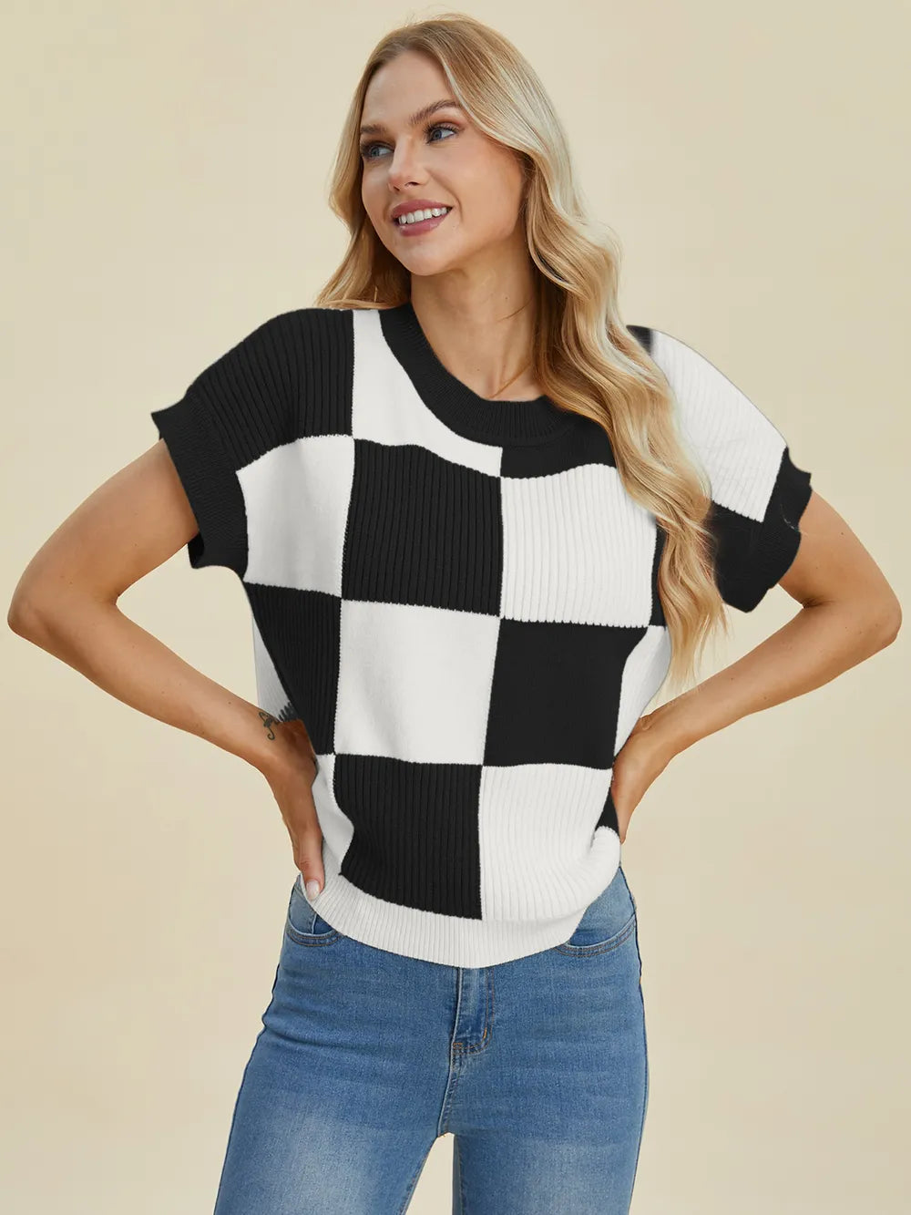 Double Take Full Size Checkered Round Neck Short Sleeve Sweater - LoveNest Treasures