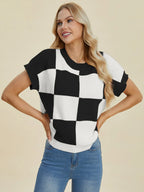 Double Take Full Size Checkered Round Neck Short Sleeve Sweater - LoveNest Treasures