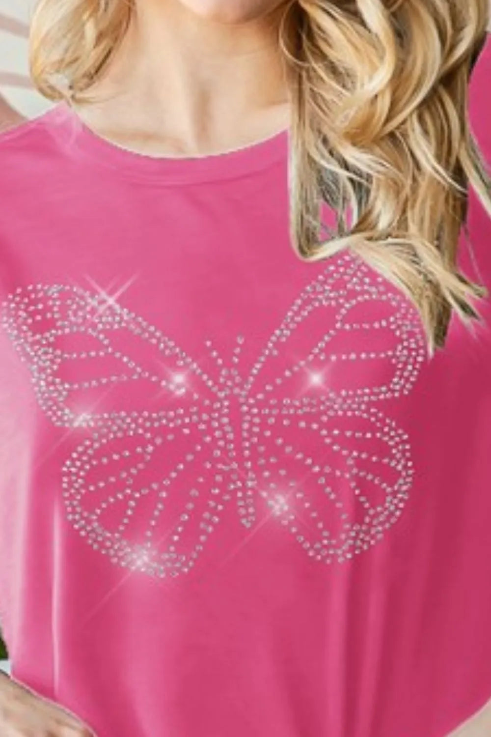 Heimish Full Size Rhinestone Butterfly Round Neck Short Sleeve T-Shirt Plus Size - LoveNest Treasures