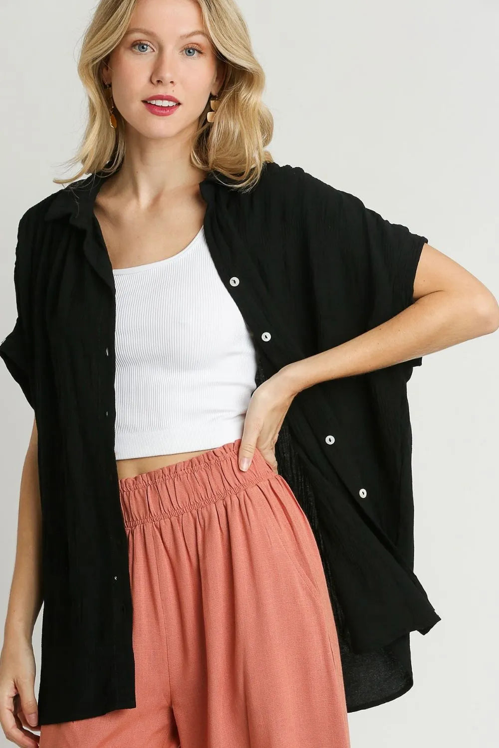 Umgee Full Size Textured Button Down Short Sleeve Shirt Plus Size - LoveNest Treasures