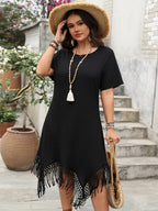 Plus Size Fringe Round Neck Short Sleeve Midi Tee Dress - LoveNest Treasures